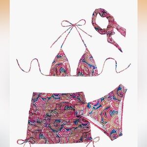 Colorful Paisley Bikini 4 piece Set with Skirt and Headband‎ NEW large